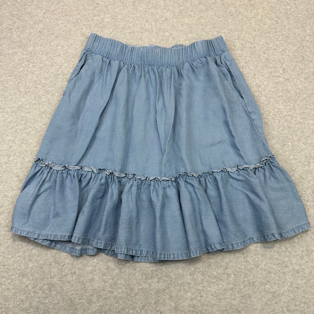 Torrid Skirt WMNS M Blue Chambray Ruffle Shirred Hem Stretch Waist Front Pockets